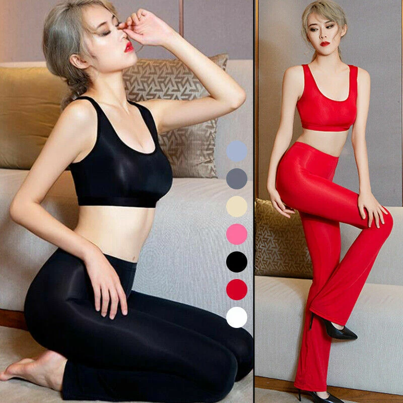 Women's Elastic Yoga Fitness Suit Shiny Silky Bell Flare Trouser