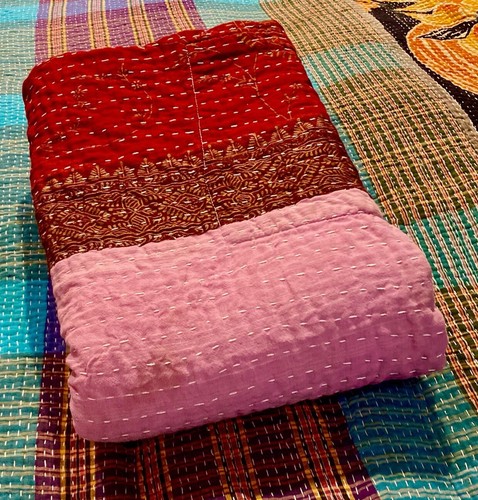 Vtg Patchwork KANTHA Throw INDIAN Handmade QUILT Cotton Blanket BURGUNDY, Pink - Picture 4 of 24