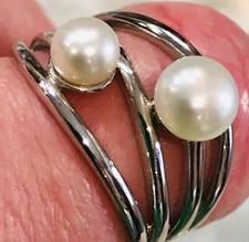Sterling Pearl Ring 925 silver Wide Wave Bipass White 2 FW Cocktail Designer Sz9