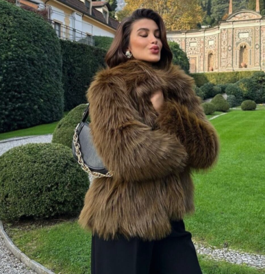 Zara ZW Collection Faux Fur Short Coat Mustard Khaki Brown Size