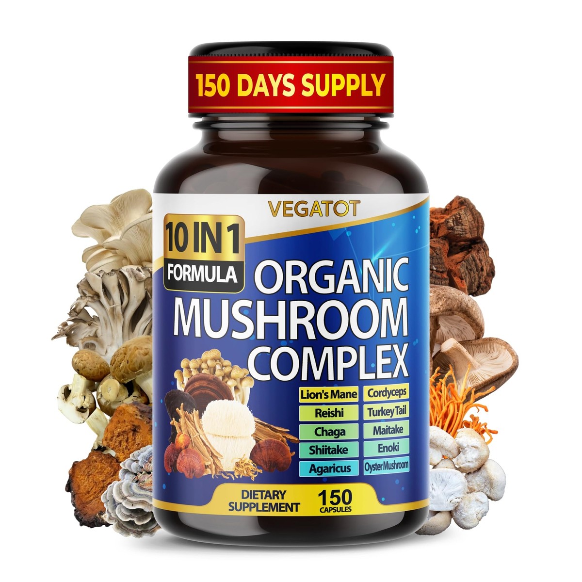 Vegatot Mushroom Complex 150 Count 10 in 1 Dietary Supplement for