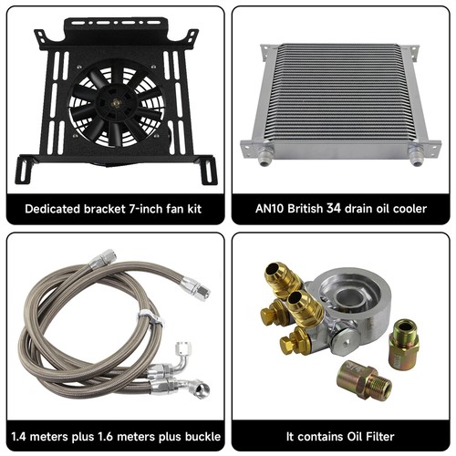 Universal 34 Row Oil Cooler 80°C Thermostat Adapter +7'' Electric Fan w/Bracket - Picture 9 of 10