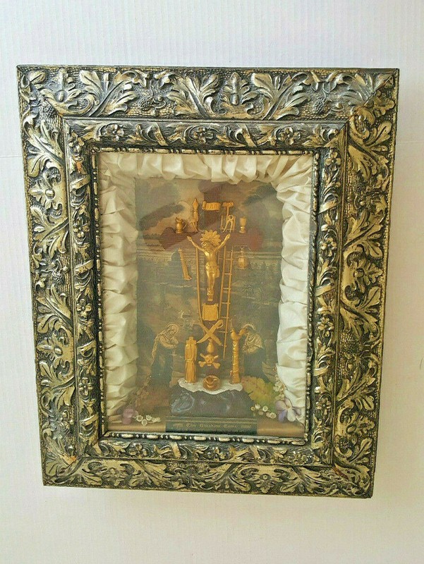 Antique Religious Frame Crucifix Shadow Box c.1877 THY KINGDOM COME Christian