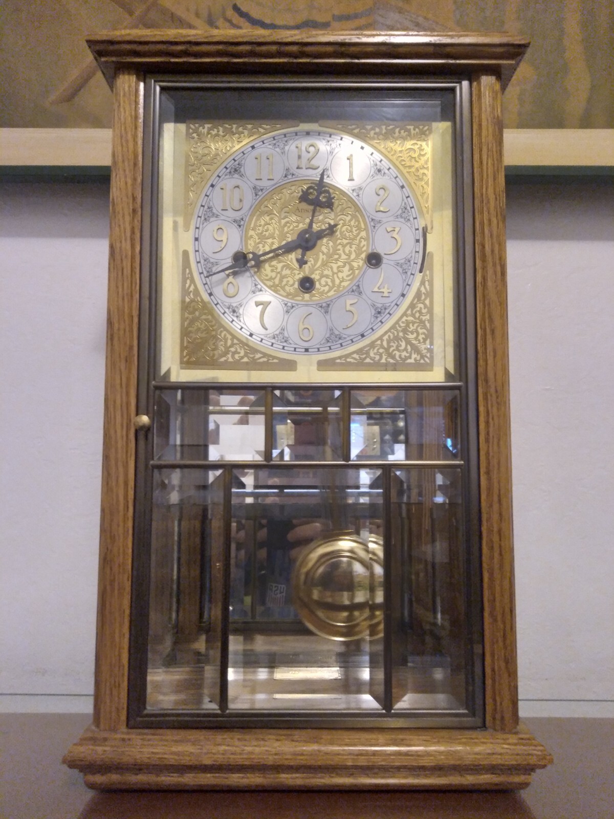 Ansonia Gold Medallion Beveled Glass Mechanical Triple Chime Wall