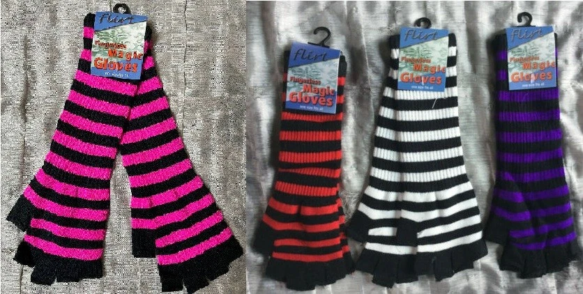 FLIRT Ladies stripe red white purple pink finger-less fingerless Magic LONG gloves NEW