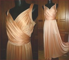 Vtg 70s Peach Silky Jersey Knit Grecian Boho Cocktail Evening Wedding maxi Dress