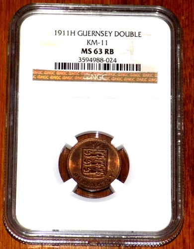 1911-H Guernsey Bronze 1 Double Coin NGC MS63 RB Red Brown KM# 11 CERTIFIED COIN