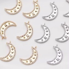 2pcs CZ pave Star and Moon Charms,14K Gold Plated Brass Moon Pendants,Star Charm
