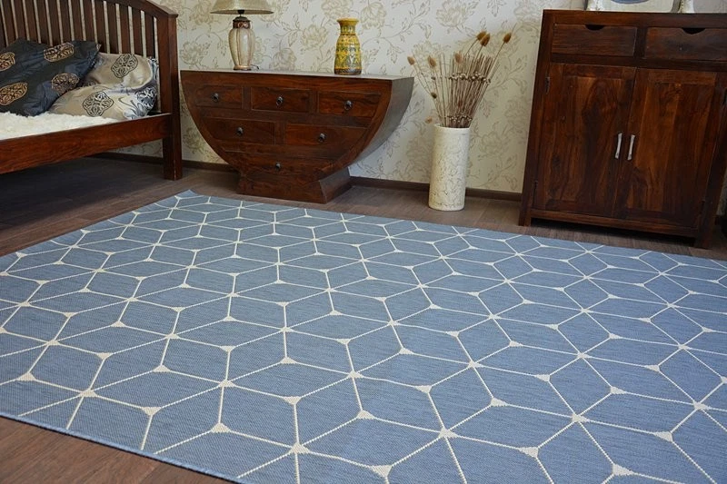 MODERN NATURAL SISAL RUG 'FLAT' PRACTICAL 3d cube blue Carpet FlatWeave - Image 4 of 4