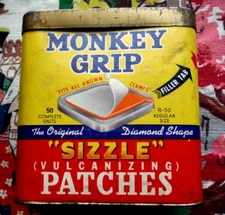 Vintage Monkey Grip "sizzle" vulcanizing patches small tin/cardboard box