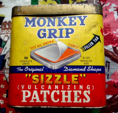 Vintage Monkey Grip ''sizzle'' vulcanizing patches small tin/cardboard box