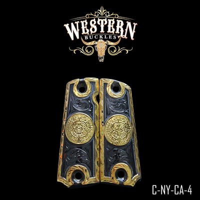 Grips 1911 Full Size Cachas 38 Aztec Calendar Gold and Nickel Plated Screws