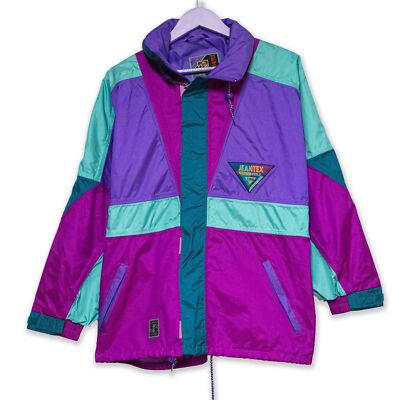 Jeantex Windjacke Vintage lila und hellblau Colorblock mit Patch 80er 90er -