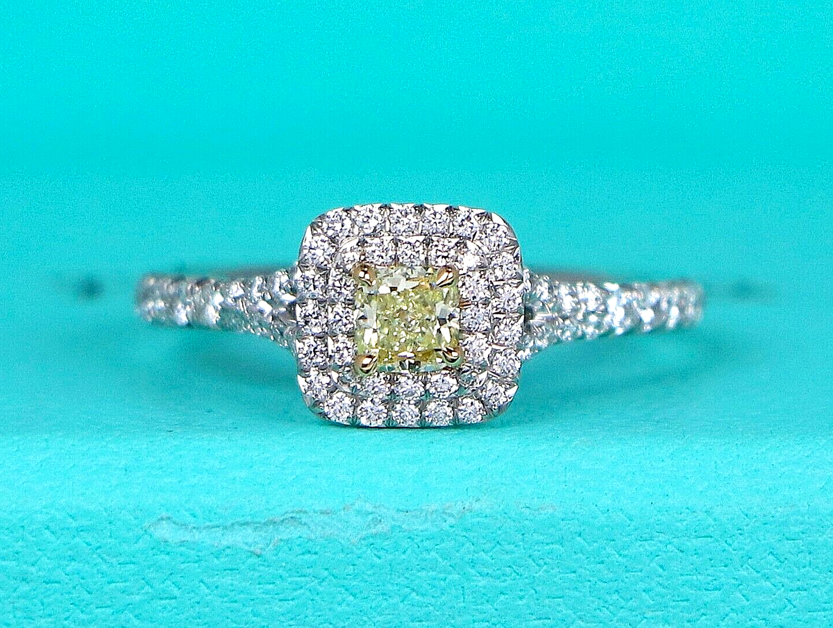 $6,000 Tiffany Soleste Platinum Fancy Yellow Diamond Double Halo