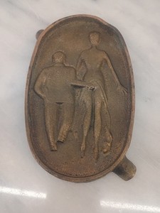 Vintage Bronze Tone Risqué Pin-Up Couple Metal Ashtray “OH! AH!” Figural Tray