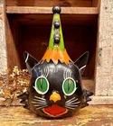 NEW PRIMITIVE HALLOWEEN BLACK CAT with CLOWN HAT RECYCLED METAL 8.5"Wx12.5"Tx6"D