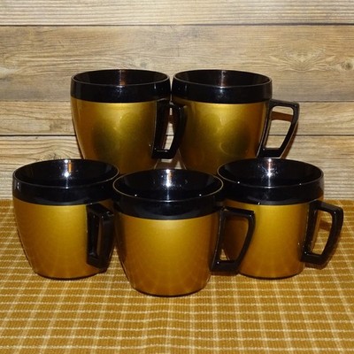 MCM West Bend Thermo-Serv Coffee Mugs Atomic Gold & Black Set of 5 Insulated
