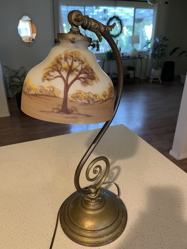 Signed!  Reverse Painted Glass & Metal Table Lamp. Antique Brass Bell Shade