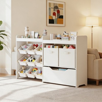 Kids Wooden Toy Storage Organizer Toddler Bookshelf with Bins, Movable Drawer
