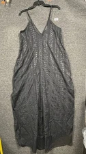 Elan Maxi Dress Womens Size L Black Metallic Tribal Print Aztec Sleeveless VNeck