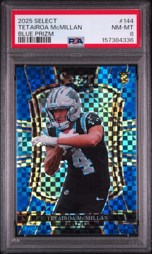 2025 PANINI SELECT BLUE PRIZM #144 TETAIROA MCMILLAN ROOKIE RC /175 PSA 8