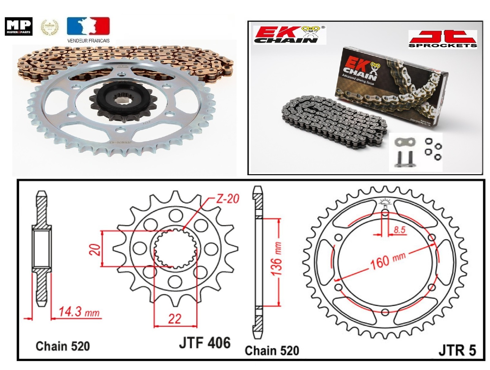 Kit chaîne EK 520 SROZ12 pour remplacer la transmission usée des BMW G 310