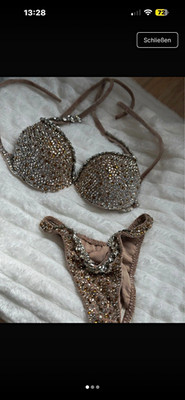 Damen Wettkampfbikini DBFV/ NPC/GNBF 2-teilig Neckholder Strass Gold silber XS/S
