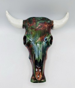 Clay Pottery Iridescent Bronze Polychrome Glazed Cow Scull