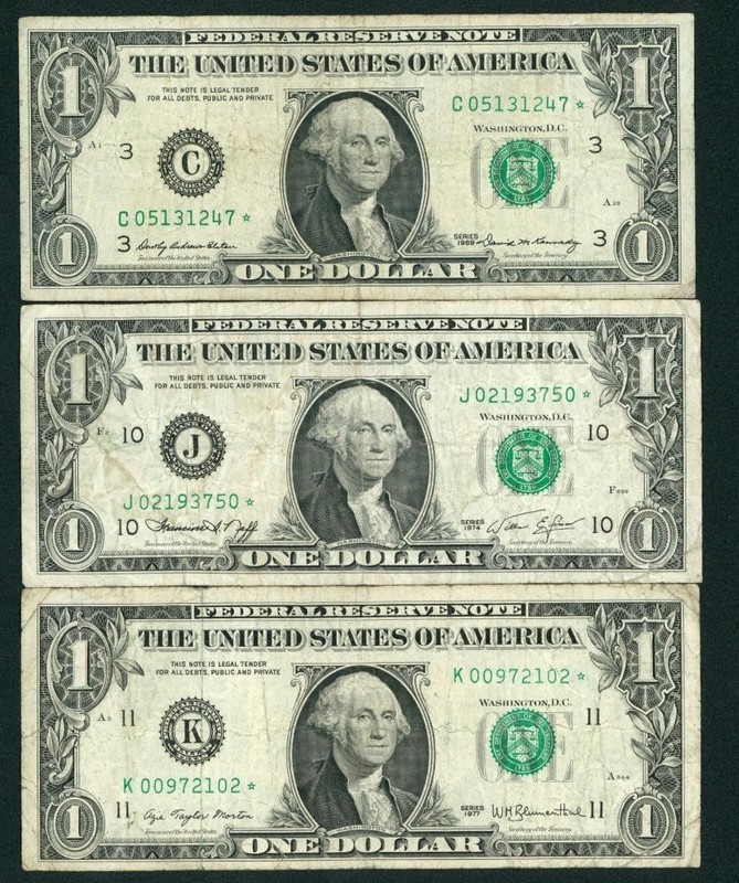 ** STAR - 3 NOTES ** $1 1969/ 1974/ 1977 FEDERAL RESERVE NOTE ** CURRENCY