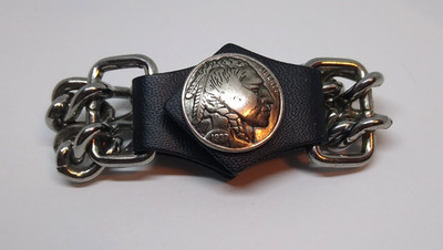 Handmade Childs Black Leather Chain Bracelet Faux Buffalo Nickel Snap 5''L x 1''W
