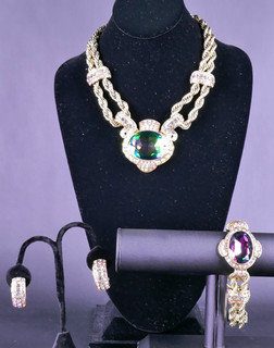 Heidi Daus Necklace Bracelet Earring Set Aurora Borealis Chain of Events Jewelry