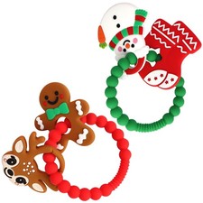 2 PCS Christmas Teething Ring Toys, Silicone Baby Teether Chew Toys