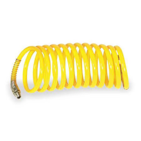 Speedaire 1Veh7 Coiled Air Hose, Nylon, Yellow, 1/4 In Hose Inside Dia, Brass X