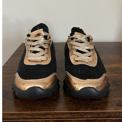 Fendi Black Gold Lace Up Sneaker Low Top Fabric Synthetic Logo Rubber Outsole