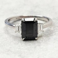 2Ct Emerald Cut Onyx Lab Created Diamond Three-Stone 925 Silver Engagement Ring