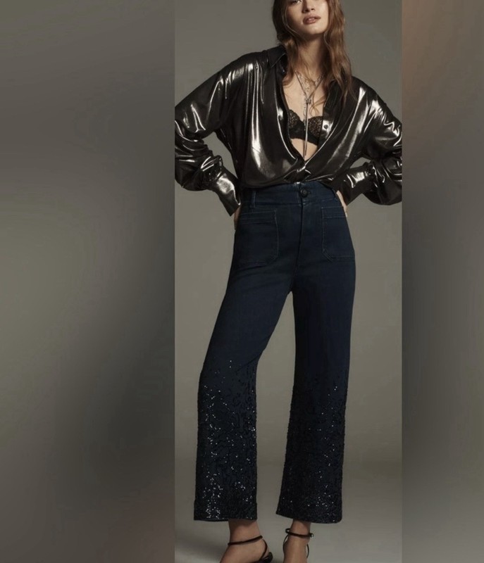 Collete Cropped Wide Leg  Jeans  By Maeve Sequin Edition Size 25 P