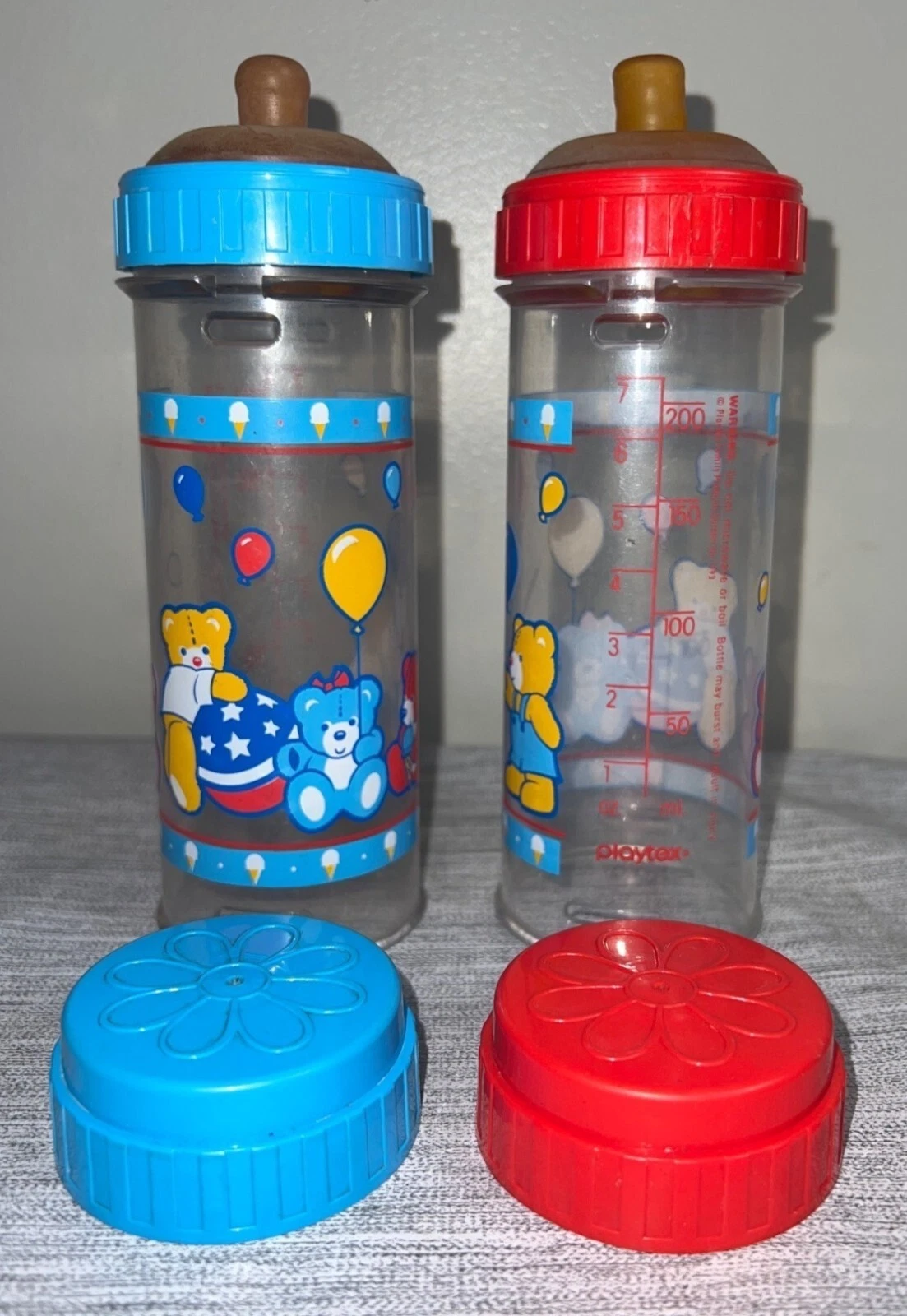 Playtex Nurser Flat Top Nipple Drop In 8oz & 4oz Baby Bottles Decorated Lot of 2