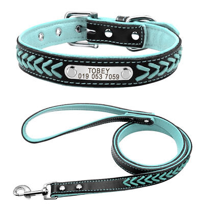 Leather Braided Personalized Dog Collars and Matching Leashes Set Blue XS S M L | eBay