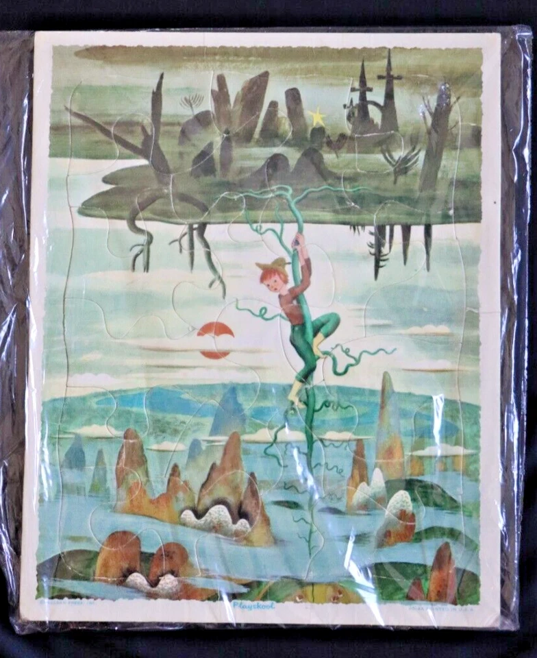 Rompecabezas vintage para niños 4 Playskool prensa dorada arte de pared Jack Beanstalk Tiger 1970 Foto 2 de 4