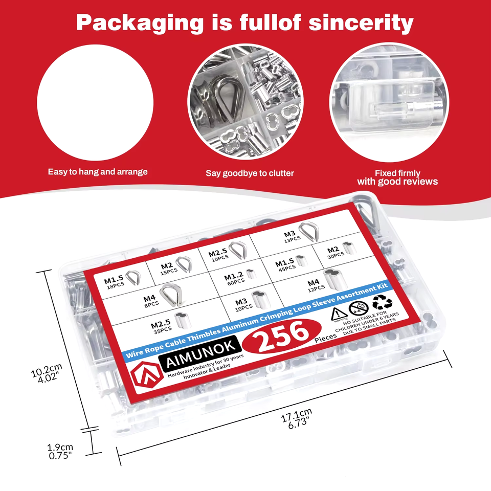 256Pcs 304 Stainless Steel Wire Rope Cable Thimbles Combo and Aluminum