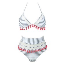 Women's Mesh Striped High Waist Bikini Set Tassel Trim Top Halter small NEW Boho