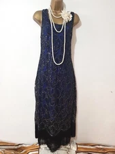 VINTAGE 20'S GATSBY FLAPPER CHARLESTON TASSEL DECO FRINGE SEQUIN DRESS UK 16