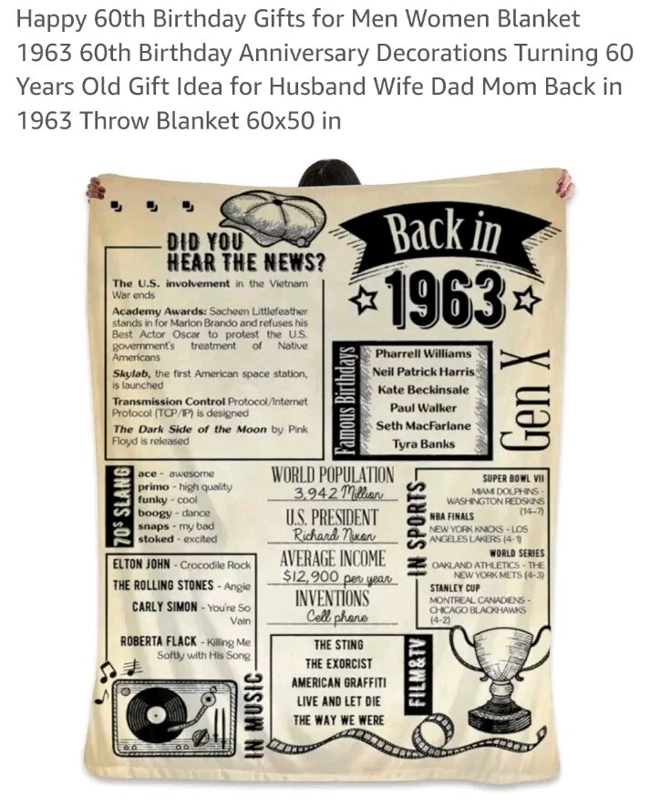 Manta de cumpleaños Back In 1963 Events negra y crema suave ligera grande 50x60" Foto 4 de 4