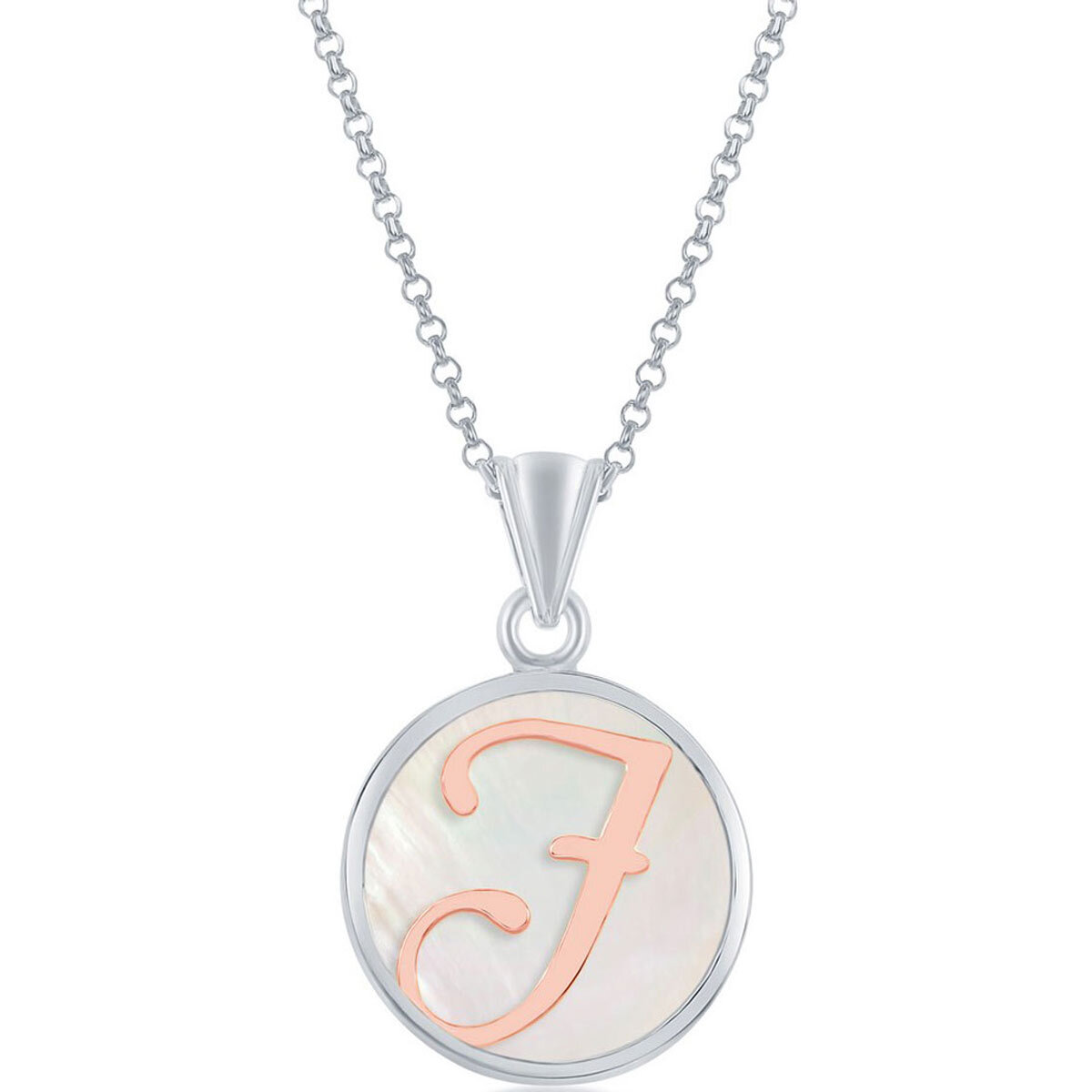 Classic Women's Pendant Sterling Silver Round MOP and Rose Gold J Initial K-8612