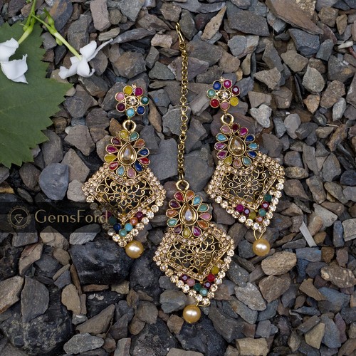 Neu Indische Pakistanische Bollywood Braut Ohrringe Tikka Tikah Set Hochzeit Schmuck - Bild 10 von 11