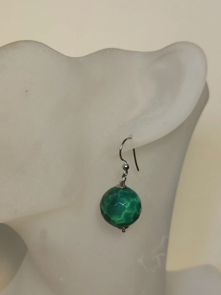 Orecchini Argento 925 Silver pendenti sfera Pietra Dura Agata Verde Donna  - Immagine 3 di 4