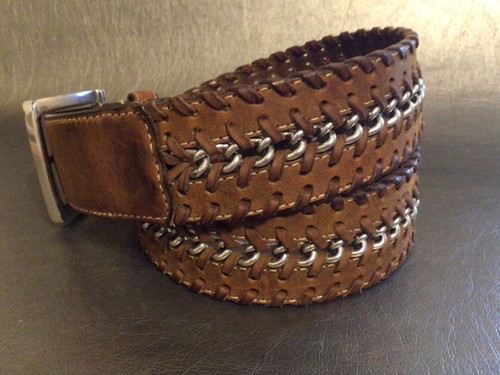 Brighton Brown Leather Whip Stitched With Chain Accent Belt Size Large - 34 - Picture 3 of 9