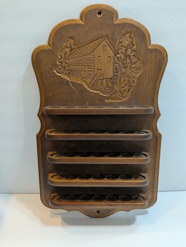 Vintage Thimble Holder Wall Display Rack Wood Holds 35 Thimbles
