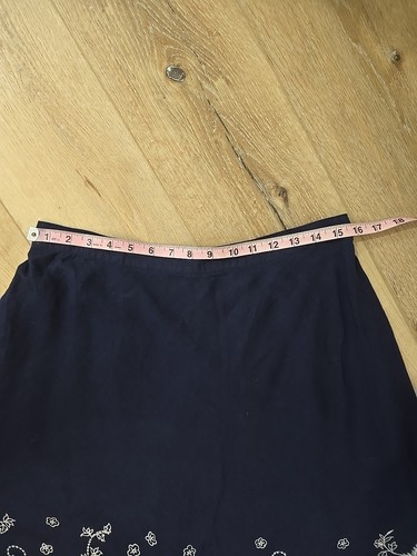 Linen Blend A Line Skirt 14P Petite Dark Blue Embroidered Floral Lined Dainty - Picture 2 of 7