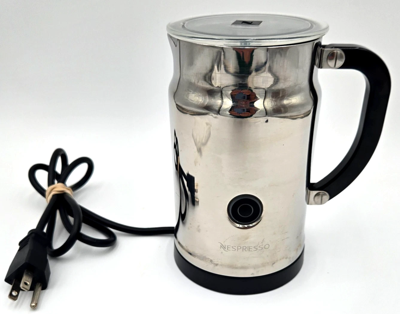 Nespresso Aeroccino 3 Milk Frother 3192 Chrome Tested Works w/Lid & Both Whisks